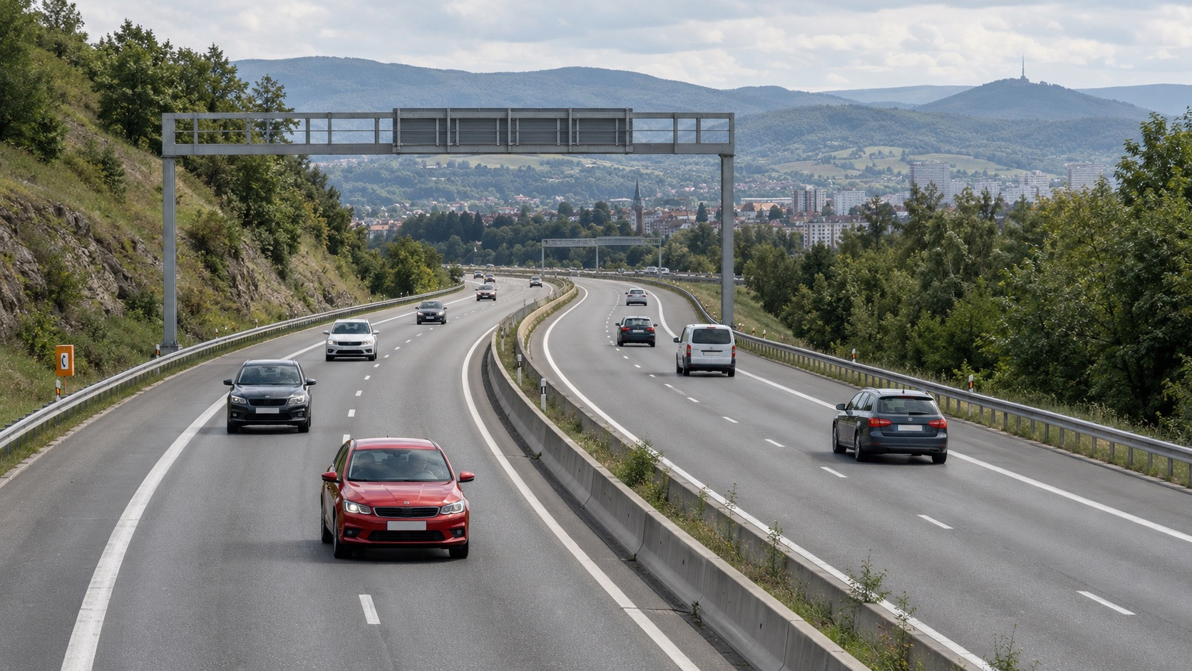 Diaľnica s niekoľkými autami vinúca sa kopcovitou krajinou, pohľad z mosta. V popredí ide červené auto.