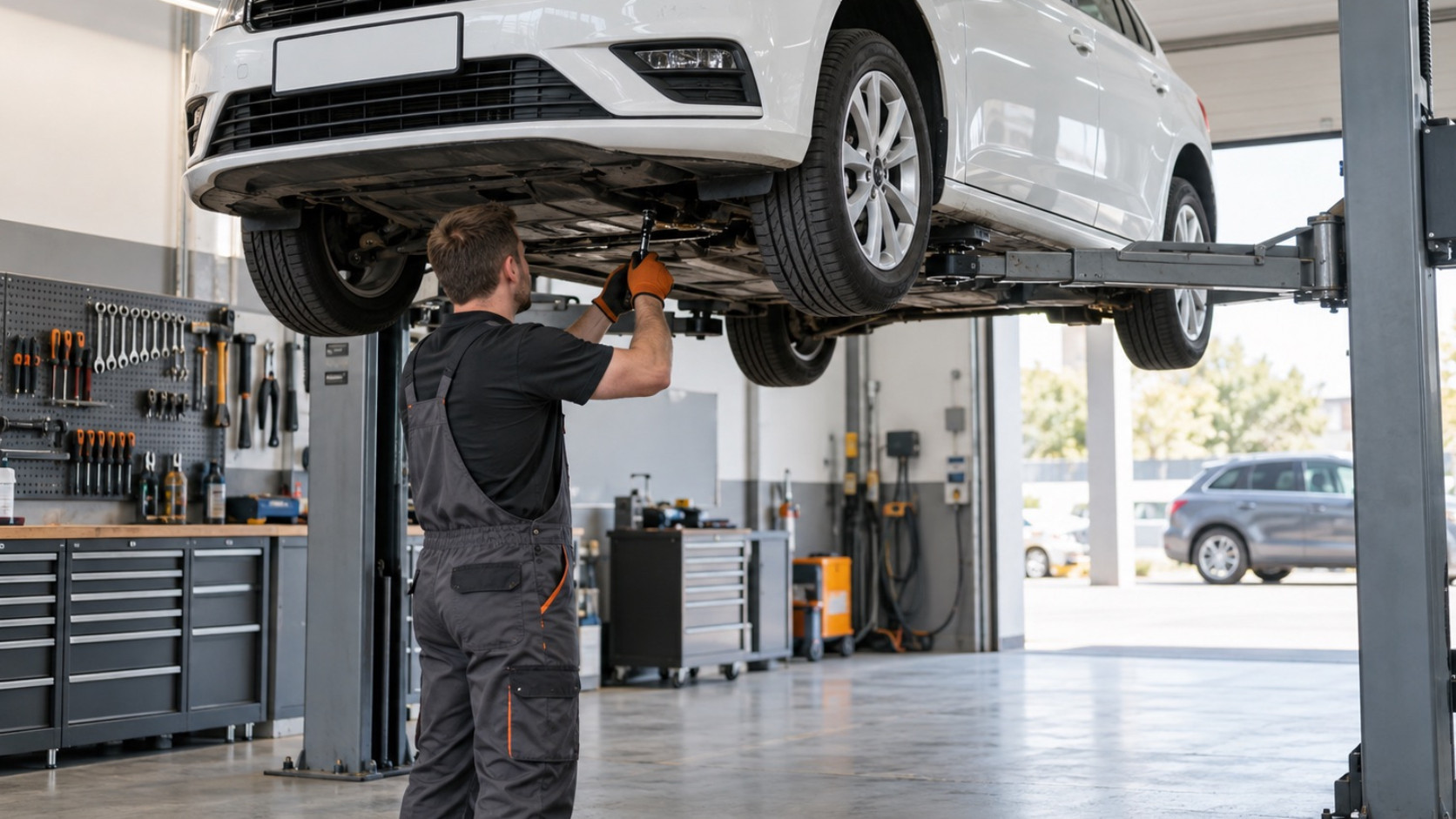 Biely hatchback zdvihnutý na zdviháku v autorizovanom servise. Mechanik v pracovnom odeve a rukaviciach kontroluje spodok auta.